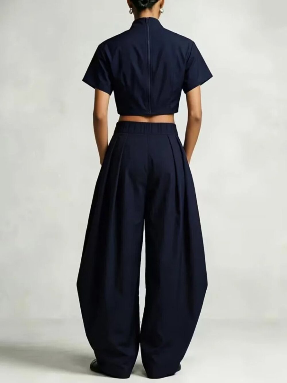 Navy Blue Short Top + Wide Leg Pants Set - Picture 3 of 5